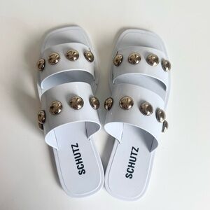 Schutz White & Gold Studded Sandals